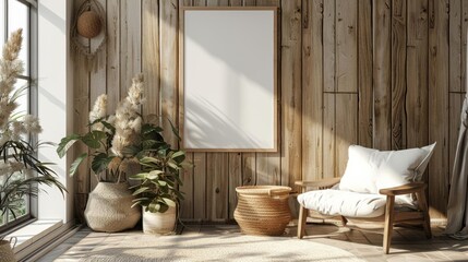 Bright Scandinavian interior, A4 frame mockup on light wooden wall, hygge style furnishings, 3D illustration