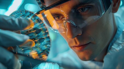 Closeup of a semiconductor wafer being examined by a technician, sharp focus, sterile environment, high detail