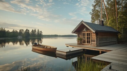 Fototapeta premium Overlooking a serene lake, a traditional Finnish sauna cottage made of wood invites relaxation. The pier, complete with a fishing boat, and the surrounding summer landscape enhance 
