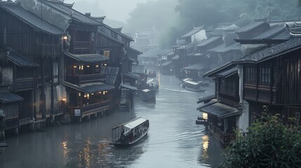 Obraz premium Overlooking the picturesque scene, wooden houses of Chinese ancient architecture stand tall along a meandering street. Boats are parked at their sides, and the misty raindrops create a dreamy