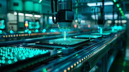 Hightech lab with automated wafer inspection, glowing circuits, futuristic, neon blue and green, detailed