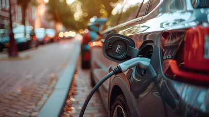 Naklejka premium Close-up of electric car charging port, eco friendly and alternative energy and transportation concept