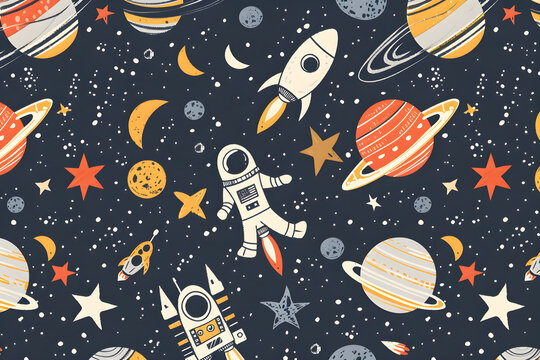 Cartoon style pattern featuring space themed elements such as rockets, planets and stars on a dark blue background, 