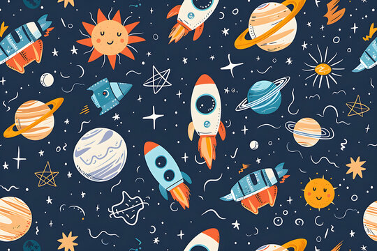 Fototapeta Cartoon style pattern featuring space themed elements such as rockets, planets and stars on a dark blue background, 
