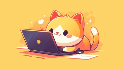 Illustration of a charming cat hacker working on a laptop in a cartoon 2d icon This premium isolated 2d showcases the perfect blend of animals and technology in a flat cartoon style