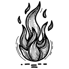 Hand drawn flames doodle set. Collection of pen ink pencil drawing sketches of fire twinkles isolated on transparent background. Illustration of nature phenomenon.
