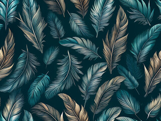  seamless pattern of dark, detailed feathers, resembling natural bird feathers