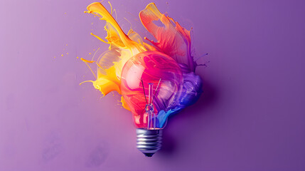 Creative inspiration concept with colorful lightbulb made from liquid glass