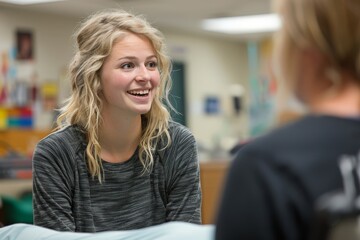 Young Woman Smiling and Conversing Indoors