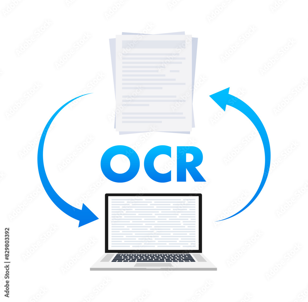 Aufkleber OCR - Optical character recognition. Document scan. Process of recognizing document. Vector stock illustration