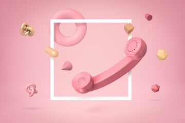 3d rendering of pink landline phone receiver highlighted with square flat white frame