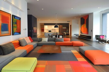 A contemporary living room filled with a variety of colorful furniture pieces, creating a lively and energetic atmosphere