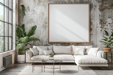 ISO A paper size frame on minimalist living room wall, sleek modern furniture, neutral tones, 3D render