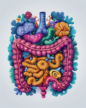 Cross-sections of the digestive system flat design top view internal structure theme watercolor Complementary Color Scheme