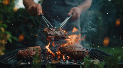 Close up of hands with tongs grilling marinated beef steaks on fire in the garden, outdoorsy scene. A person is using metaltipped food buner to light flames under an outdoor grill where meat.