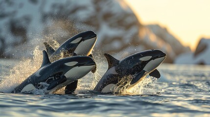 Fotografía realista de tres orcas saltando hacia la superficie del mar azul. En el fondo distante, se pueden ver montañas nevadas y la luz del sol clara.






