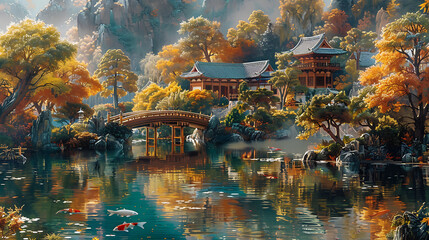 printable mural showcasing a tranquil Japanese garden with meticulously manicured landscapes serene koi ponds and elegant wooden bridges capturing the beauty and harmony of traditional Japanese design