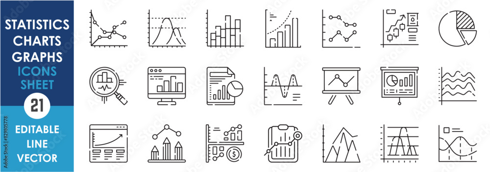 Leinwandbilder A set of line icons with statistics, probability and charts. Pie charts, bar graph, curves, analysis, variance and so on. Vector outline icons set.