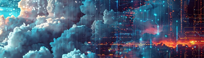 Fototapeta premium Futuristic digital cityscape merging with majestic clouds, blending technology and nature in a vibrant, surreal landscape.