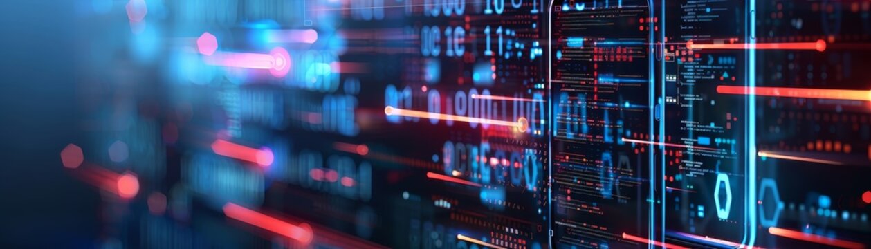 Futuristic data flow and technology interface. Abstract digital concept with neon lights, circuits, and binary code. High-tech background.