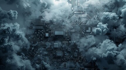 Digital circuit board surrounded by clouds, blending technology with industrial atmospheric elements in a surreal representation.