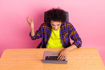 Top view photo of guy worker using netbook feel anger screaming isolated pastel color background
