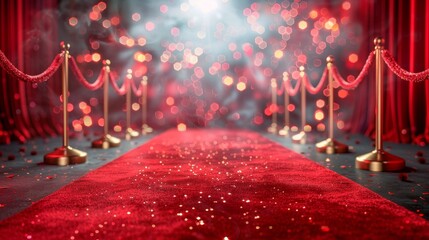 Glamorous hollywood premiere setup with red carpet, velvet ropes, curtains, and spotlight