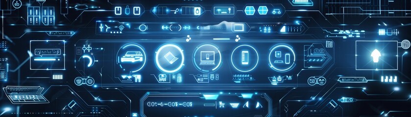 Futuristic user interface with digital data, holographic icons, and technology elements in a high-tech, blue-themed design.