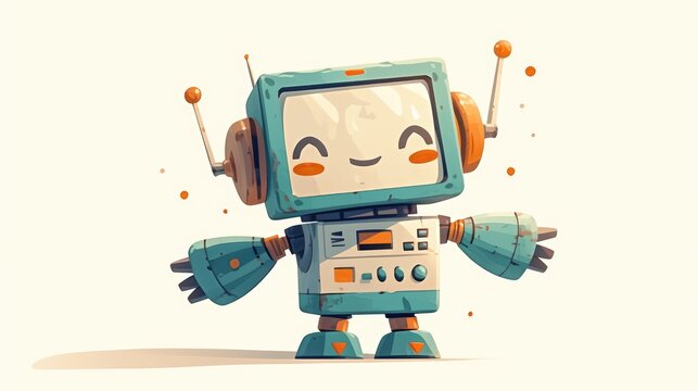 Meet a quirky little robot on a pristine white backdrop ready to infuse fun into your creations in a vibrant cartoon illustration