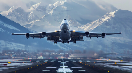 A massive airliner taking off with a backdrop of snow-capped peaks.