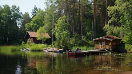 Fototapeta premium This camping site in Finland features a pier where motor boats, cutters, and small fishing rowing boats are moored. The lush forest backdrop provides a perfect environment f