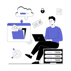 SaaS concept, Software as a service. Cloud computing and storage, online subscription to programs. Vector illustration with line people for web design.