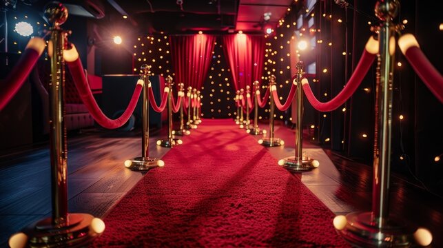 Luxurious vip event  red carpet, velvet rope barriers, red curtains, and prominent spotlight