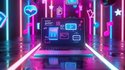 Laptop with neon digital icons, representing social media and online connectivity in a vibrant futuristic setting.