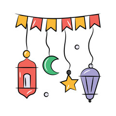 Vintage lantern and stars with garlands showing concept vector of ramadan decoration