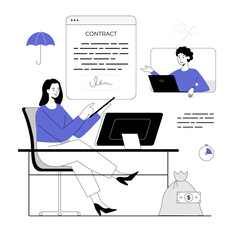 Online agreement, digital signature. Partnership and cooperation. Man and woman signing electronic contract online. Vector illustration with line people for web design.