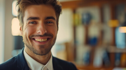 Obraz premium Happy Businessman, Smiling businessman in office, Success and Achievement, Professional Joy 