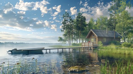 Fototapeta premium This scene features a traditional wooden sauna cottage on a Finnish lake, with a nearby pier and fishing boat. The vibrant summer landscape 