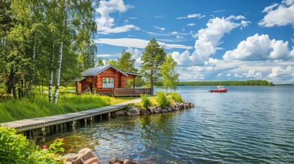 Obraz premium This scene features a traditional wooden sauna cottage on a Finnish lake, with a nearby pier and fishing boat. The vibrant summer landscape