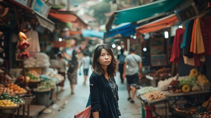 Obraz premium Through winding alleys and bustling markets, she navigates with ease, her curiosity guiding her.