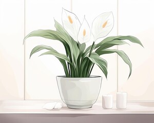 A serene peace lily plant in a white pot on a minimalist shelf, creating a calming home decor setting.