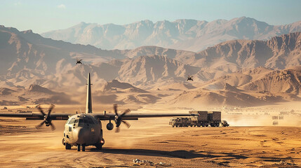 A military transport plane deploying cargo in a desert landscape.