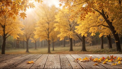 The empty wooden table top with blur background of autumn