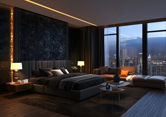 A dark modern bedroom with black wallpaper