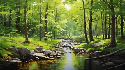 A tranquil forest stream flowing through lush greenery, bathed in soft sunlight, creating a serene and peaceful natural scene.