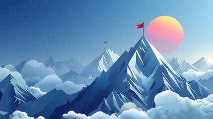 Mountain success futuristic illustration on blue background and red flag on top