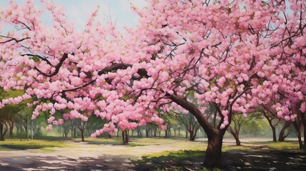 Fototapeta premium Beautiful cherry blossom tree in full bloom in a serene park, capturing the essence of spring with vibrant pink flowers and lush greenery.