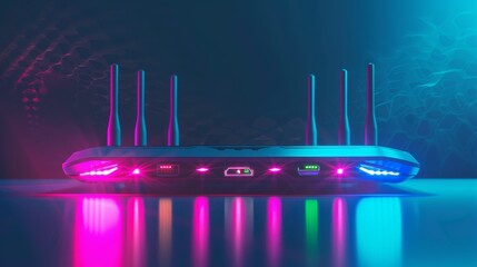 Modern wireless router with colorful LED lights on a reflective surface, showcasing technology and connectivity in a vibrant setting.