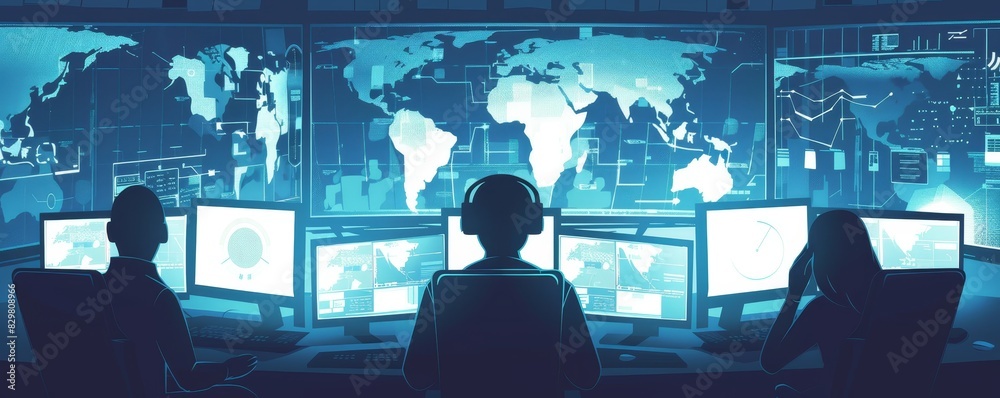Poster people in a control room monitoring multiple screens with global maps and data, showcasing technolog