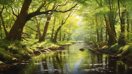 Obraz premium A tranquil forest morning in an oil painting, showcasing the calmness of nature, sunbeams breaking through the canopy, and a clear brook meandering through the lush greenery